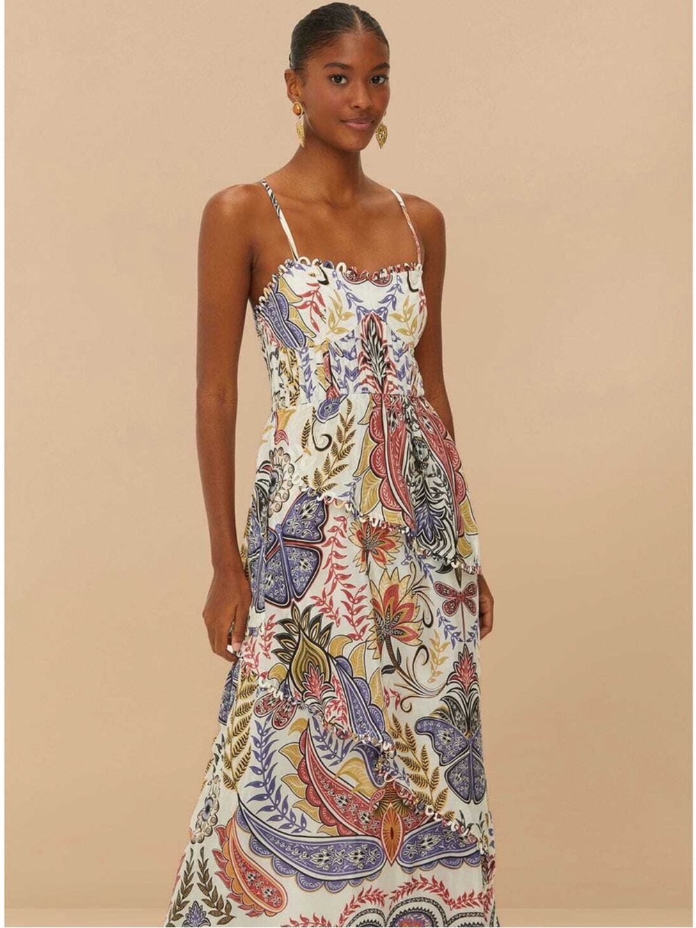 Farm Rio Boho Glam Tiered Floral Crepe de Chine Midi Sun Dress Small NWT - Picture 15 of 17